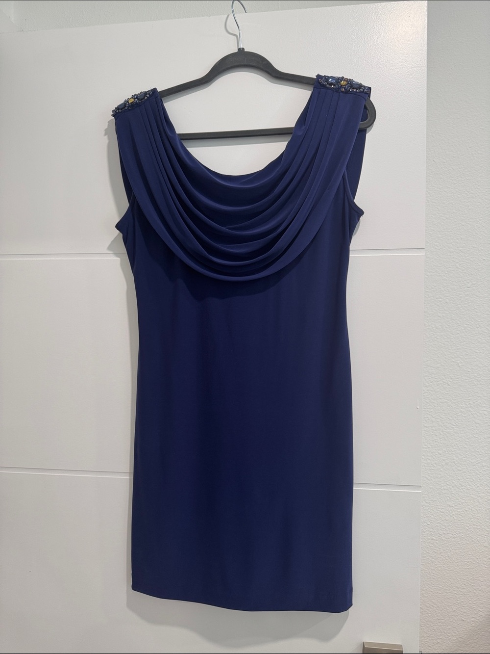 Elegant navy/purple Draped Neck Sleeveless Dress. Jewels on shoulders.
